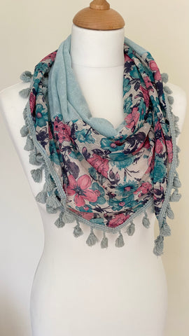 flower print pattern scarf with bobbled fringe main colours pink aqua white