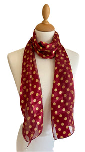 Revamp your wardrobe with these classic, colorful polka dot scarves. Made from 100% Polyester, they offer a smooth and luxurious feel. Measuring 150cm x 34cm, they make a perfect statement.