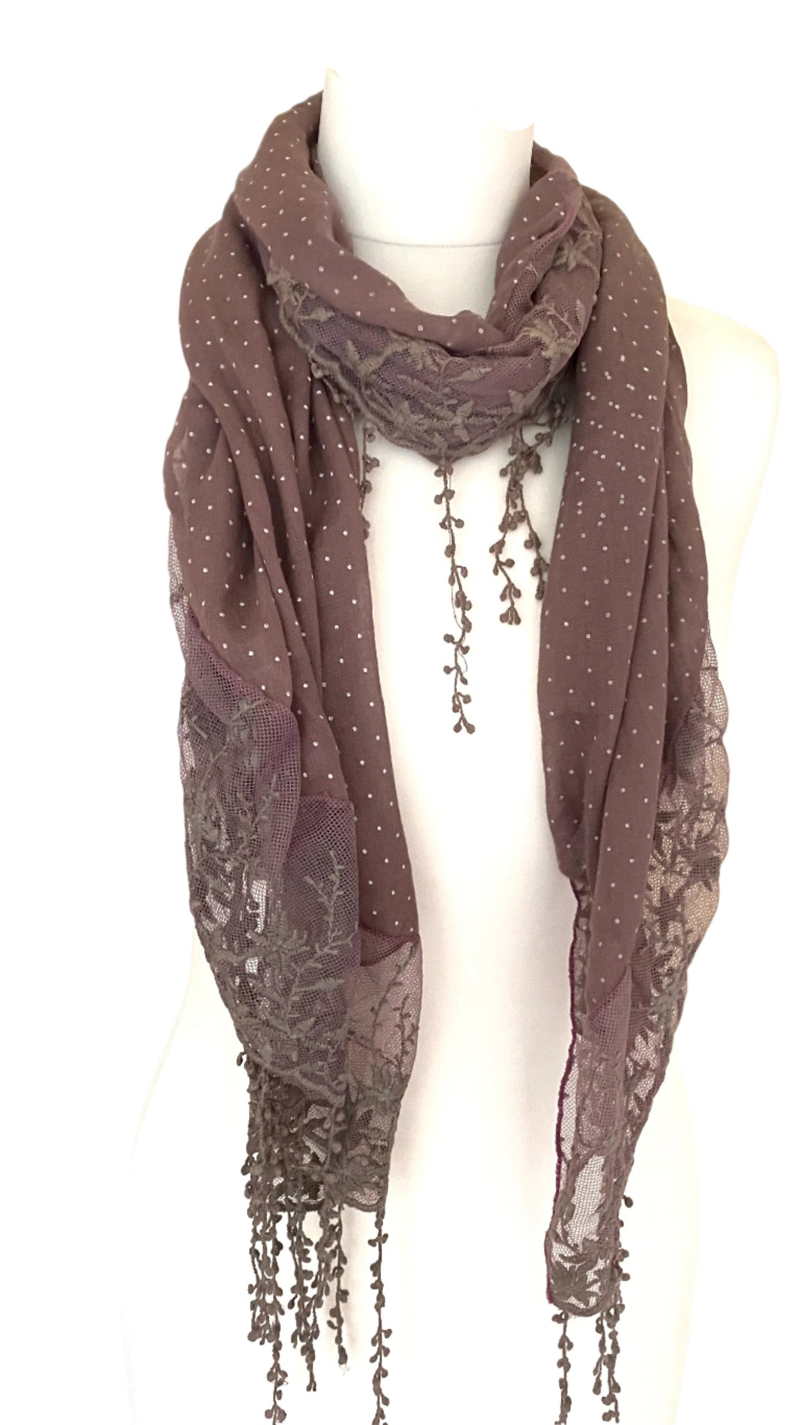 Vintage styled dusky pink lace & polka dot scarf soft drape