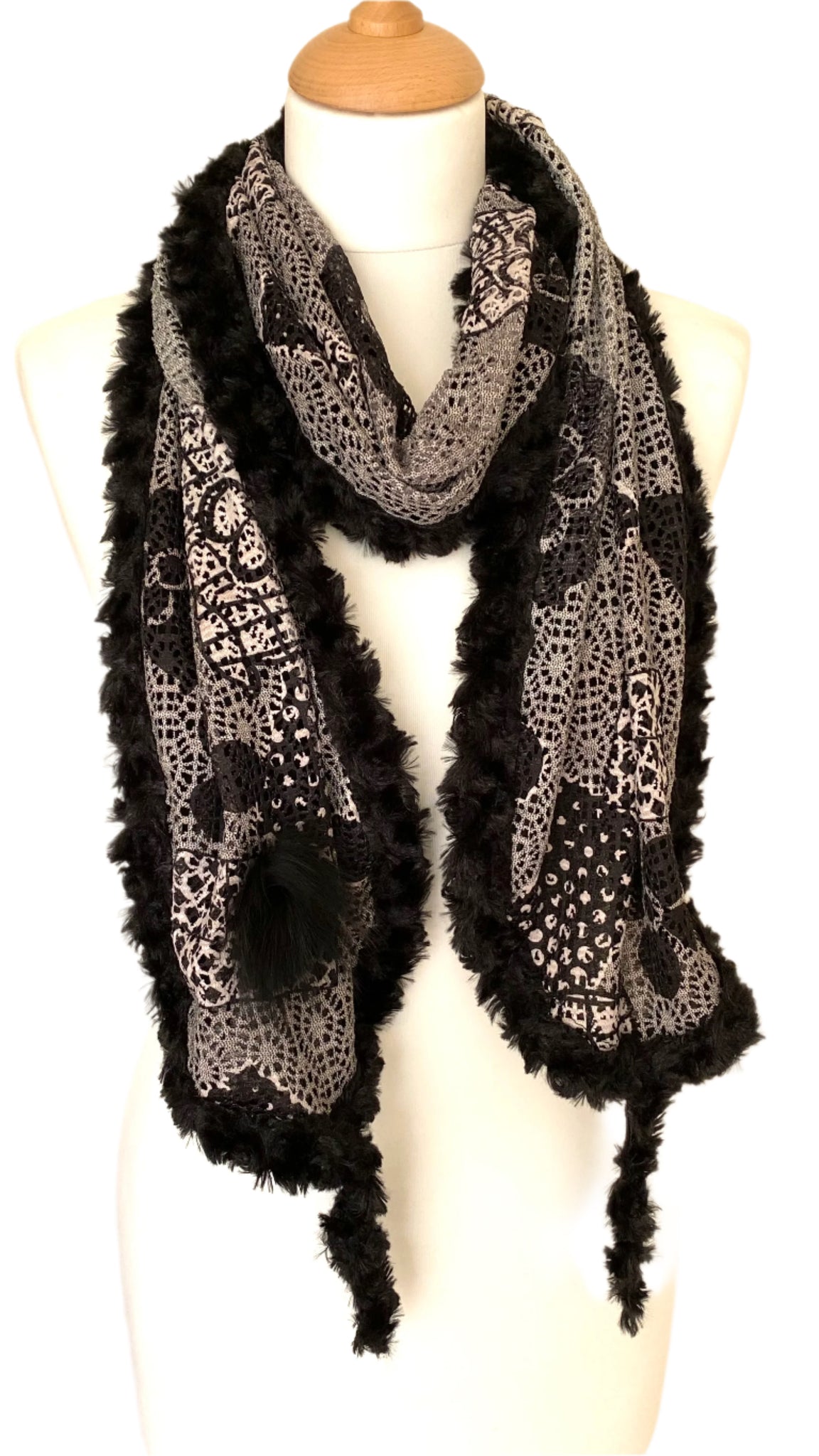 Monochrome abstract pattern flower faux fur trim lined