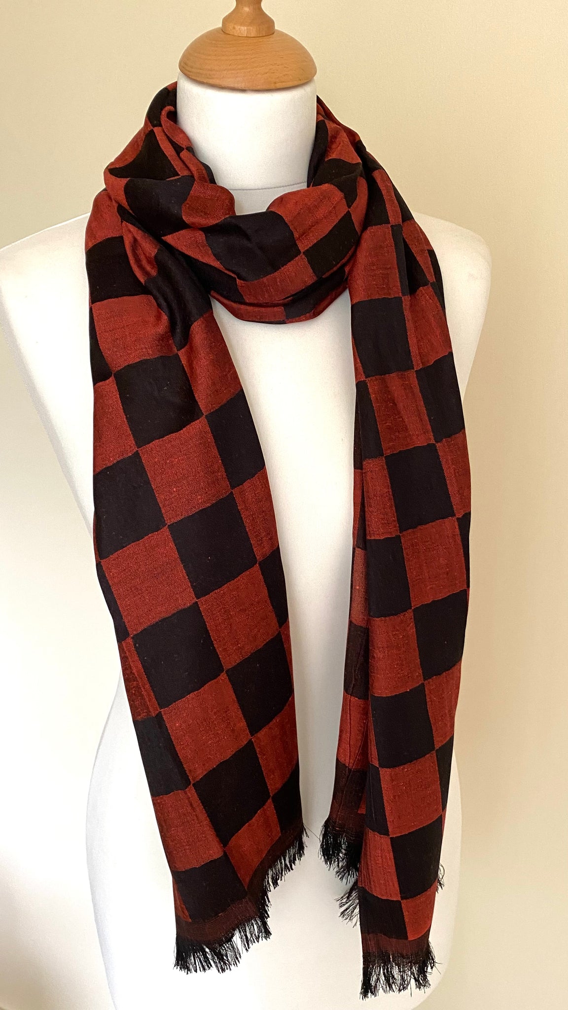 Check scarf black golden russet silky soft with fringed edge