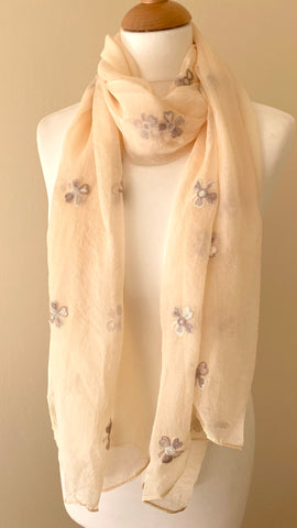 Super soft lightweight cream scarf embroidered with flowers