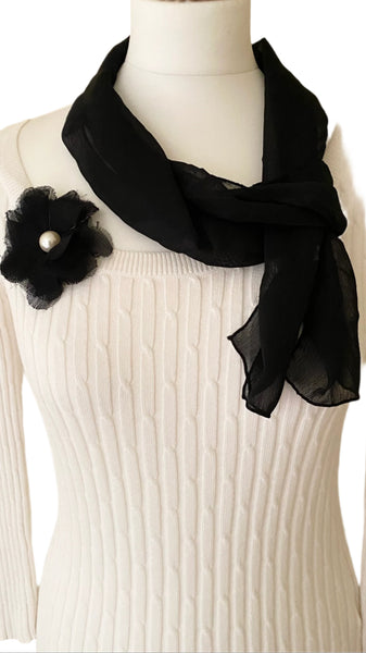 Black necklace scarf with detachable corsage with faux pearl centre super soft 