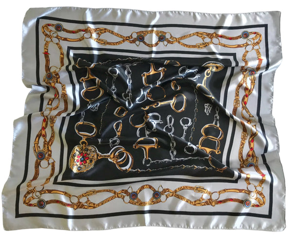 Super silky feel square shaped scarf drapes well classic design main colours grey black