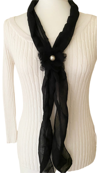 Black necklace scarf with detachable corsage with faux pearl centre super soft 