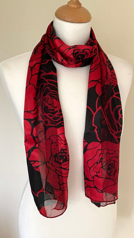 Vibrant red and black rose design scarf
