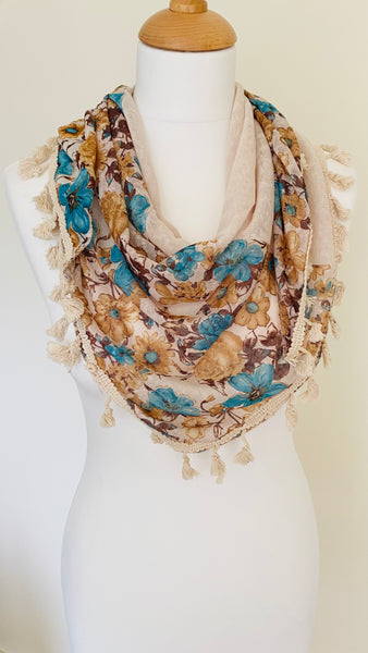 Flower print triangular shaped scarf bobbled fringe super soft colour cream browns aqua