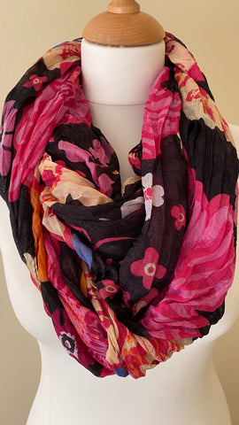 Vibrant infinity scarf floral pattern pink black colours