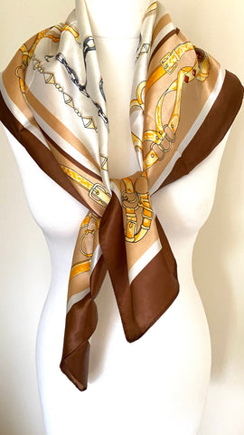 Super silky feel square shaped scarf drapes well classic design main colour  brown cream and gold