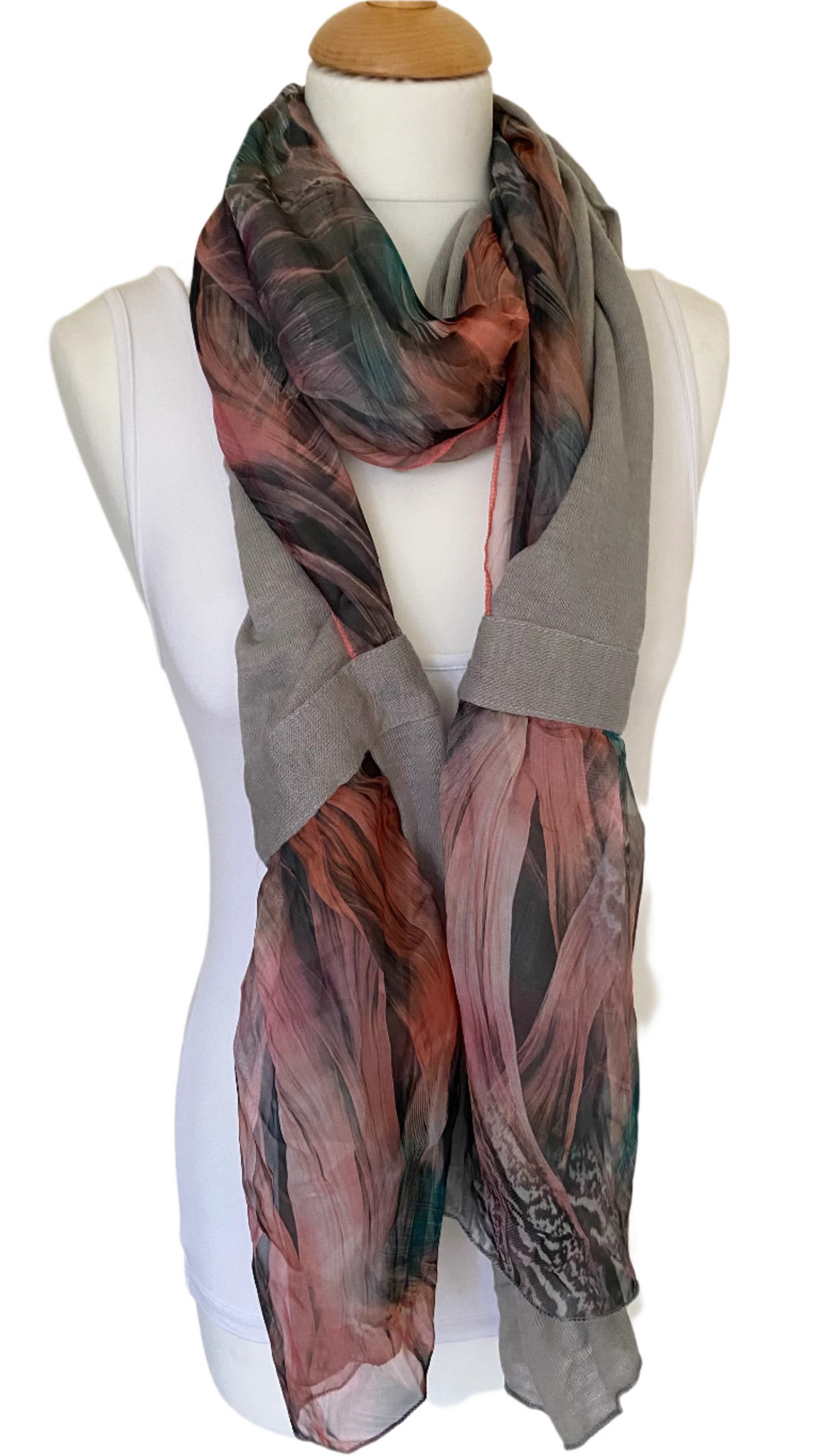 Silver grey & coral desk to dinner scarf