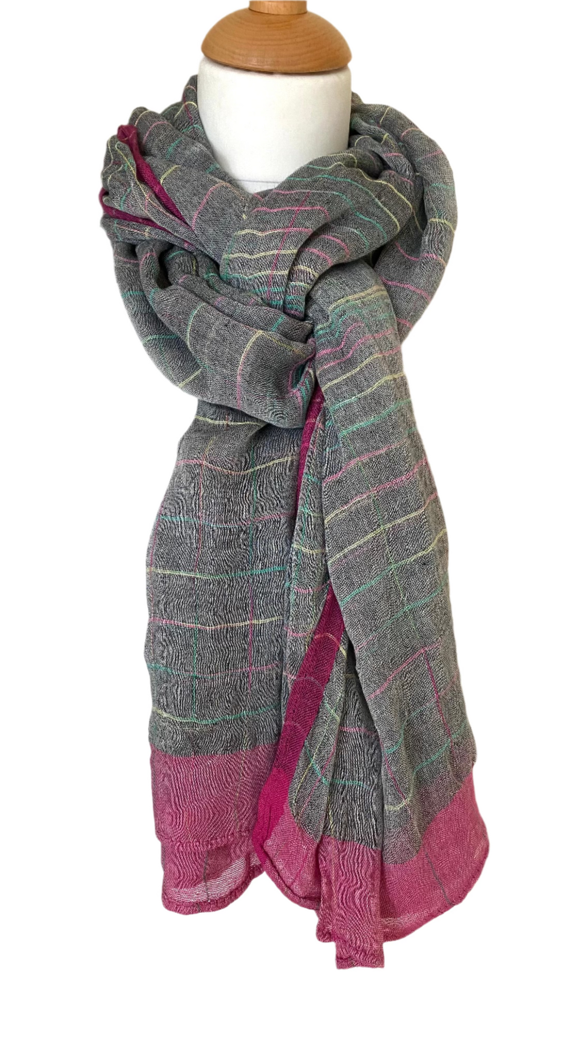 Pink and grey scarf lightweight drapes well super soft fine check pattern