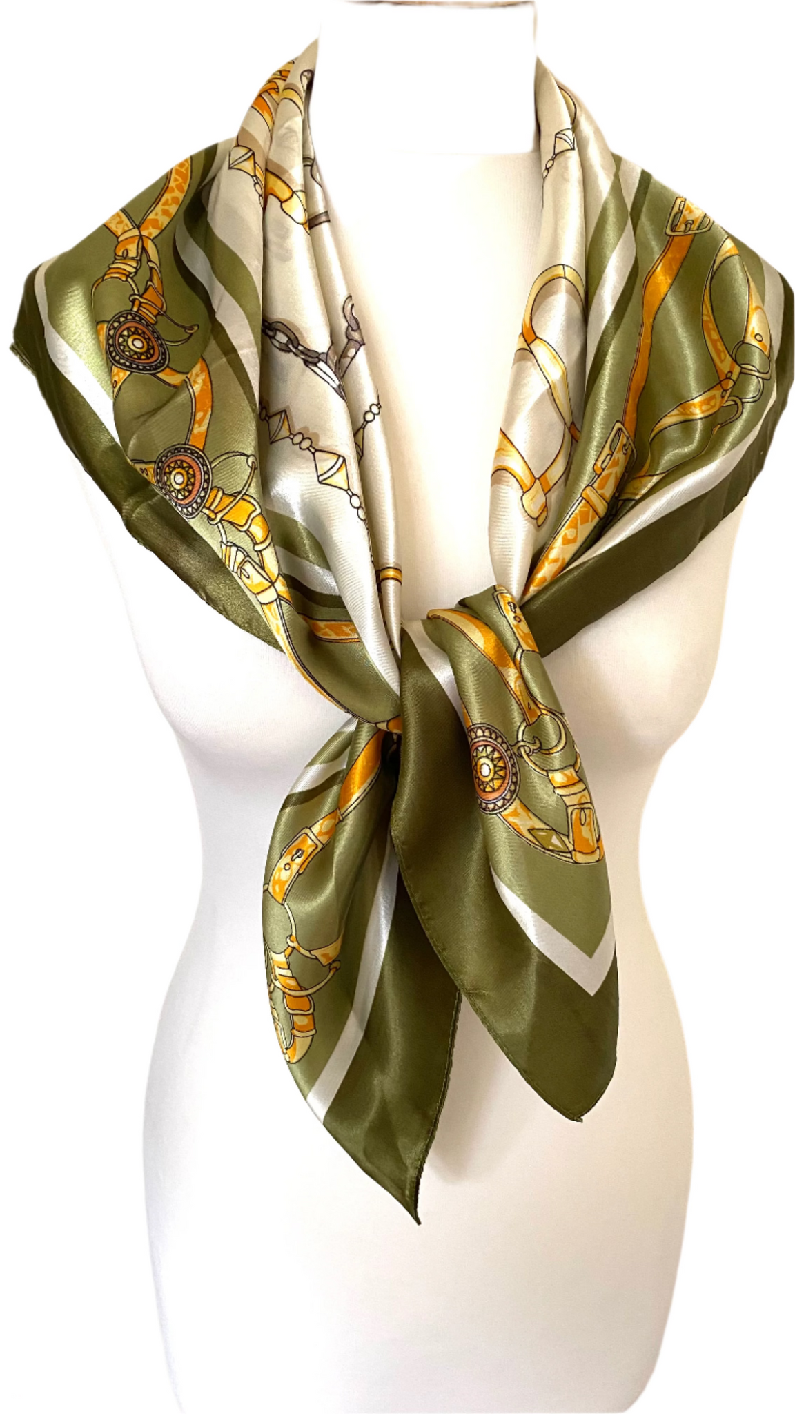 Super silky feel square shaped scarf drapes well classic design main colour green cream and gold
